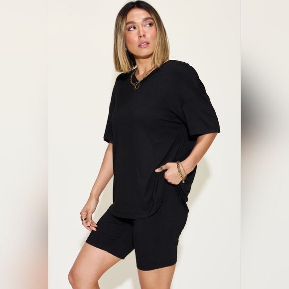 Basic Bae Full Size V-Neck Drop Shoulder Short Sleeve T-Shirt and Shorts Set - Picture 1 of 3
